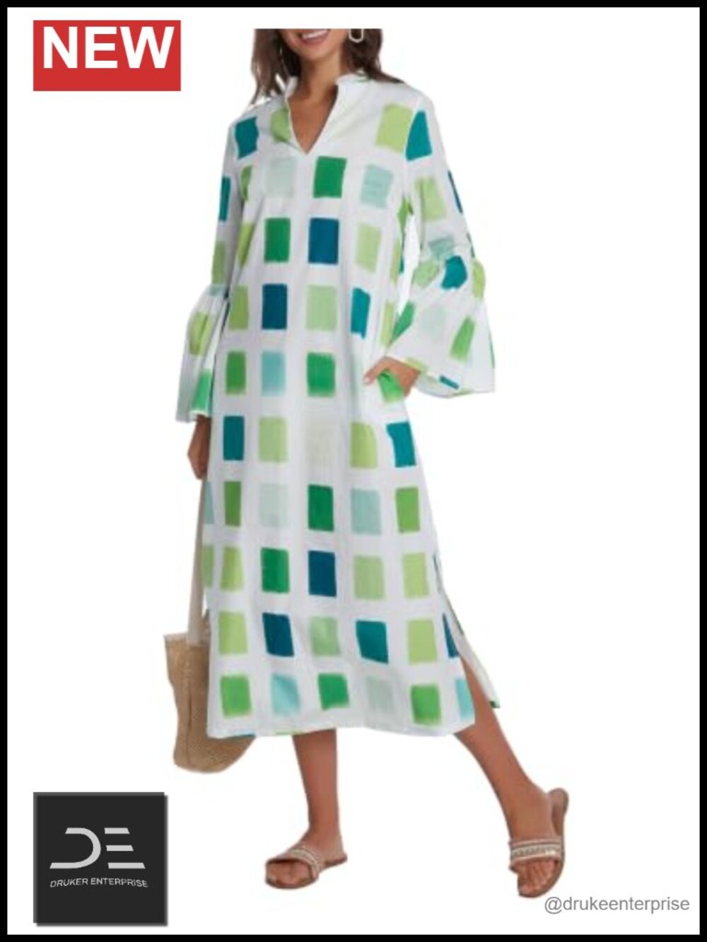 Women Long Sleeve Maxi Dress 100% Cotton Bell Sleeve Loose Fit with Pockets